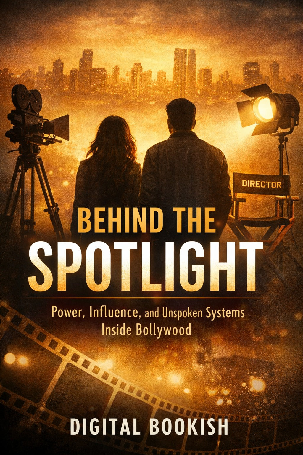 Book cover of 'Behind the Spotlight' with film equipment and cityscape