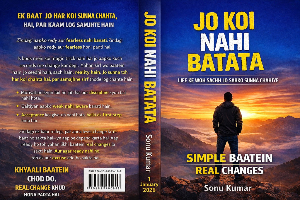 Book cover of 'Jo Koi Nahi Batata' with a silhouette of a person against a sunset