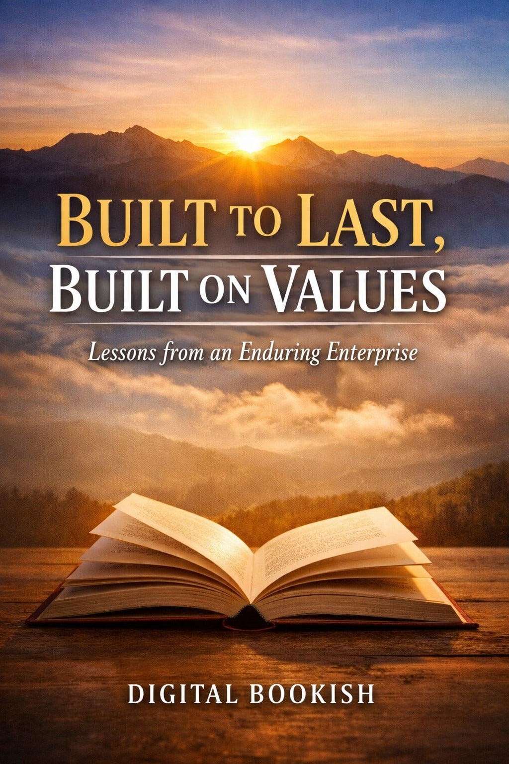 Book titled 'Built to Last, Built on Values' with a mountain sunset background