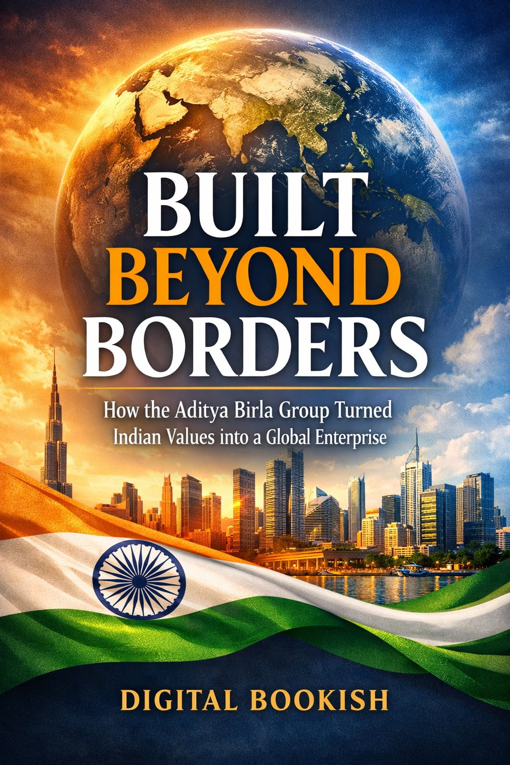 Book cover of 'Built Beyond Borders' with a globe, city skyline, and Indian flag.