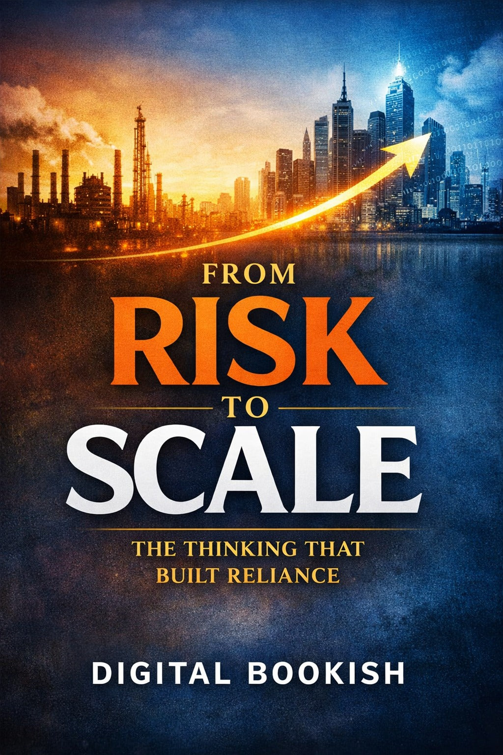 Book cover titled 'From Risk to Scale' with a cityscape and arrow in the background.