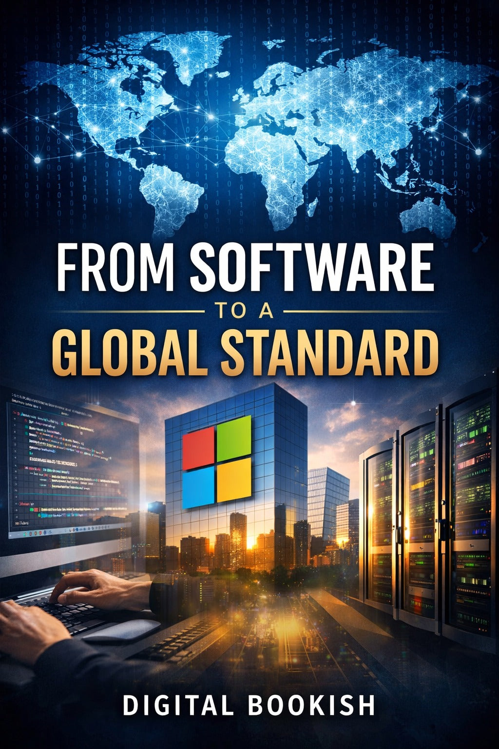 Book cover with world map, computer screens, and Microsoft logo, titled 'From Software to a Global Standard'.