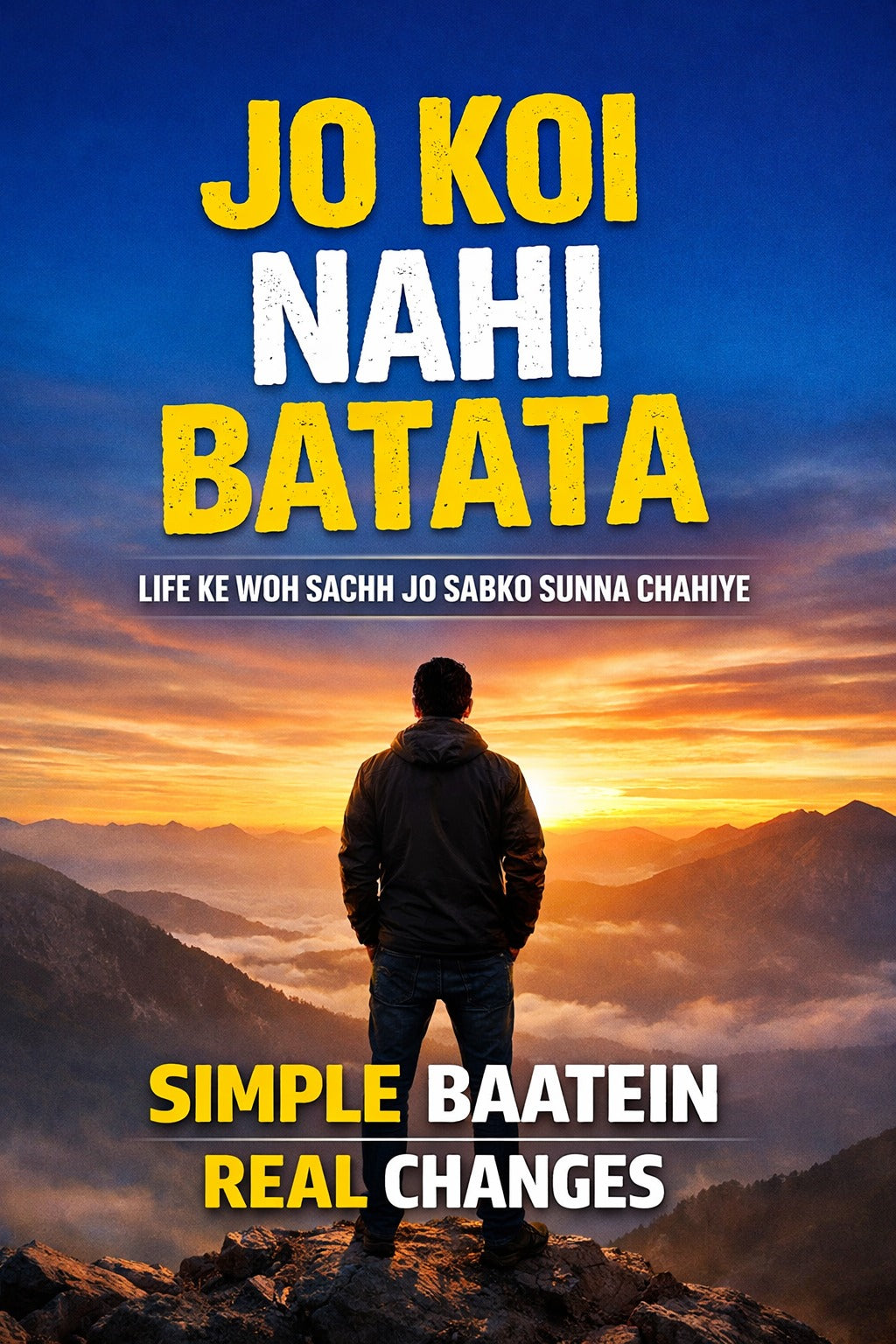 Person standing on a mountain with a sunset, text overlay about life and changes.