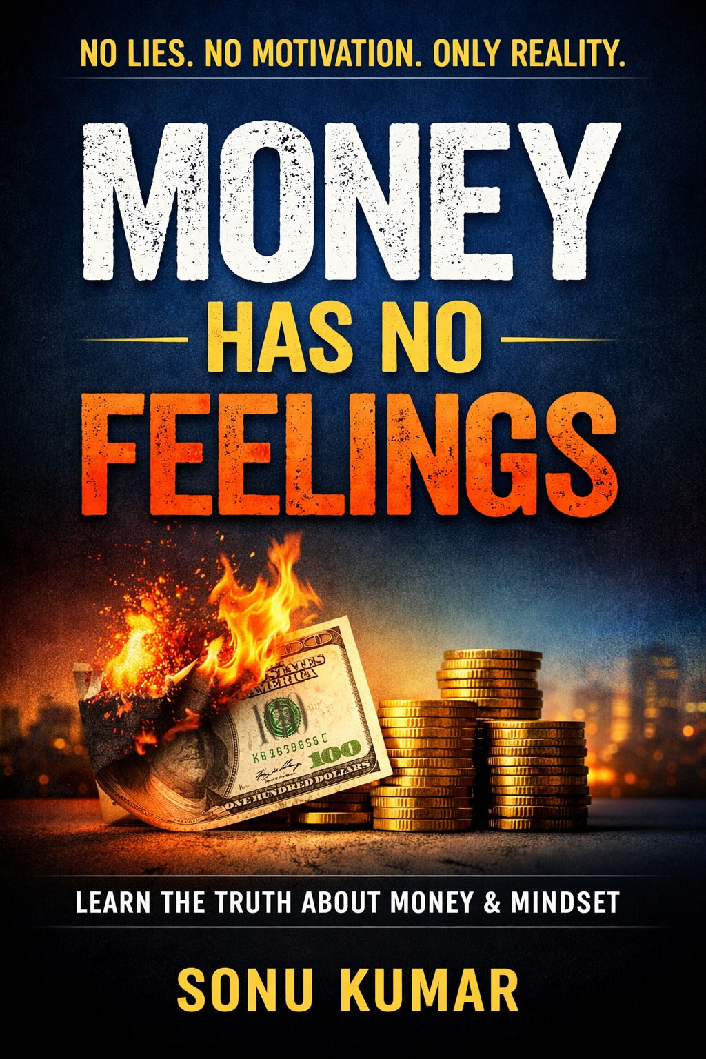 Book cover with text 'Money Has No Feelings' and a fiery money stack on a dark background.