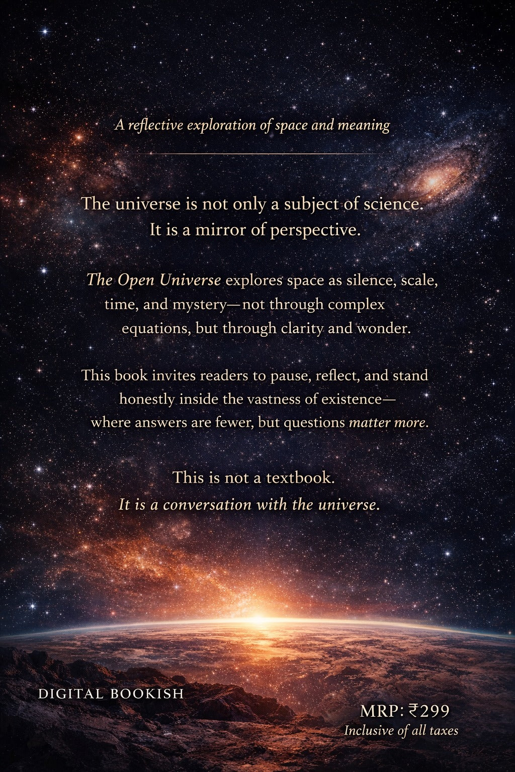 Book cover with space-themed design and text about the universe and science.