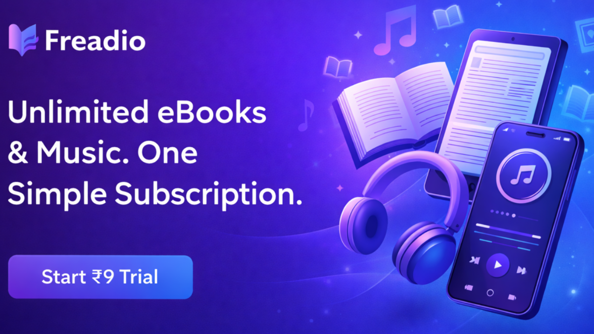 Freadio advertisement with books, phone, and headphones on a blue background